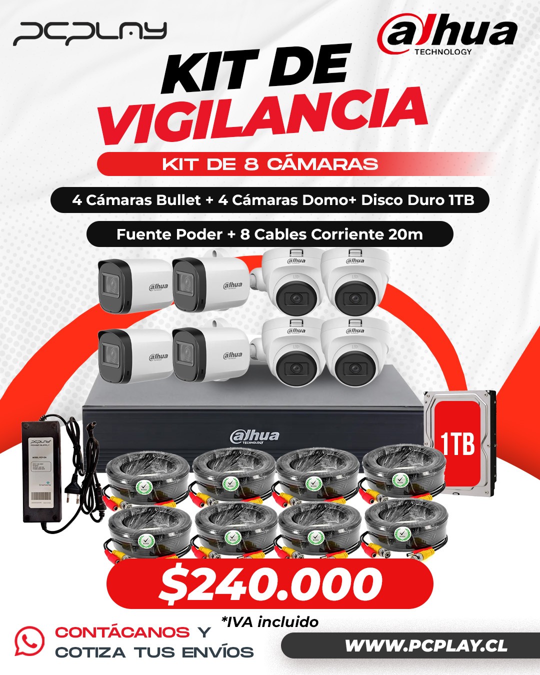 KIT DE 8 CÁMARAS DAHUA CON XVR DE 8 CANALES + ACCESORIOS